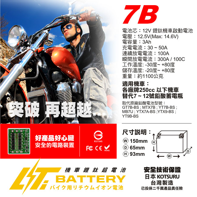 【日本KOTSURU】 8馬赫 機車鋰鈦超電池 (7B薄型)