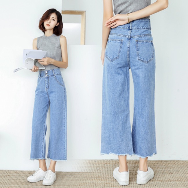 IMStyle 韓版高腰顯瘦寬鬆牛仔褲（藍色）