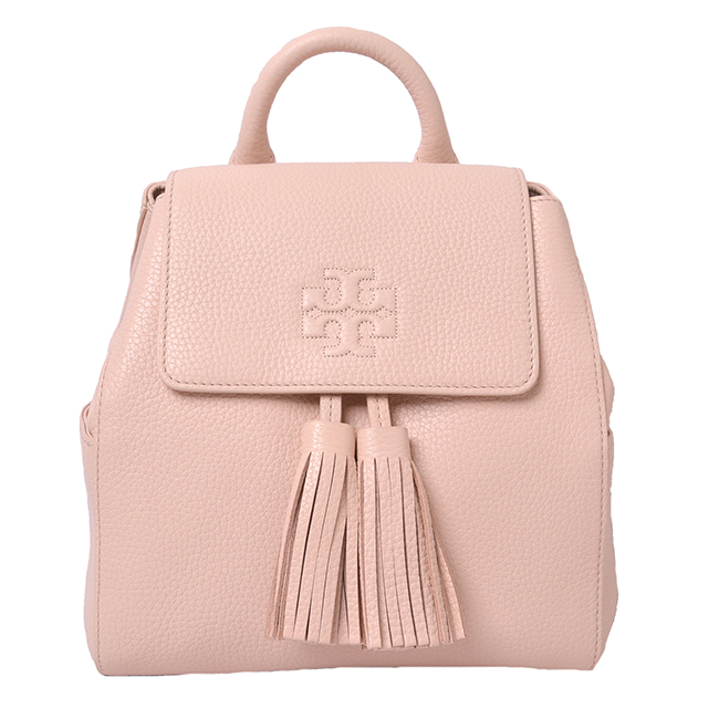 TORY BURCH THEA 流蘇飾荔枝紋精緻LOGO翻蓋束口後背包-芭蕾粉(mini)