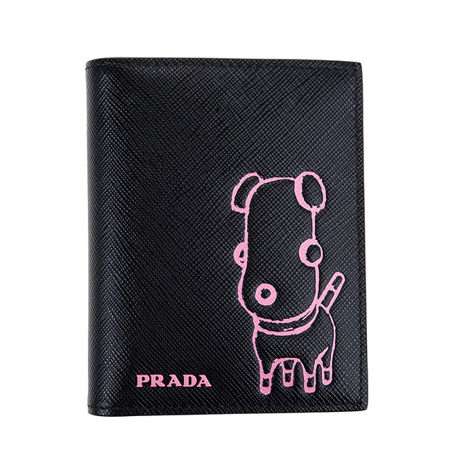 PRADA 新款pradamalia 粉紅字母LOGO壓印防刮皮革短夾 (黑色)