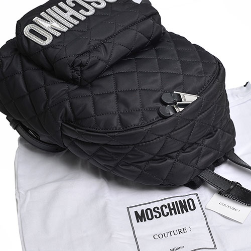 MOSCHINO 品牌銀色字母LOGO圖騰尼龍菱格紋後背包(小/黑)