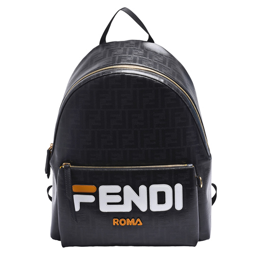 FENDI 釉面緹花Fendi Mania牛皮飾邊帆布拉鍊手提/後背包(黑X白黃)