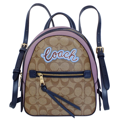 COACH ANDI卡其C Logo紫邊貼字多重搭配小款後背包