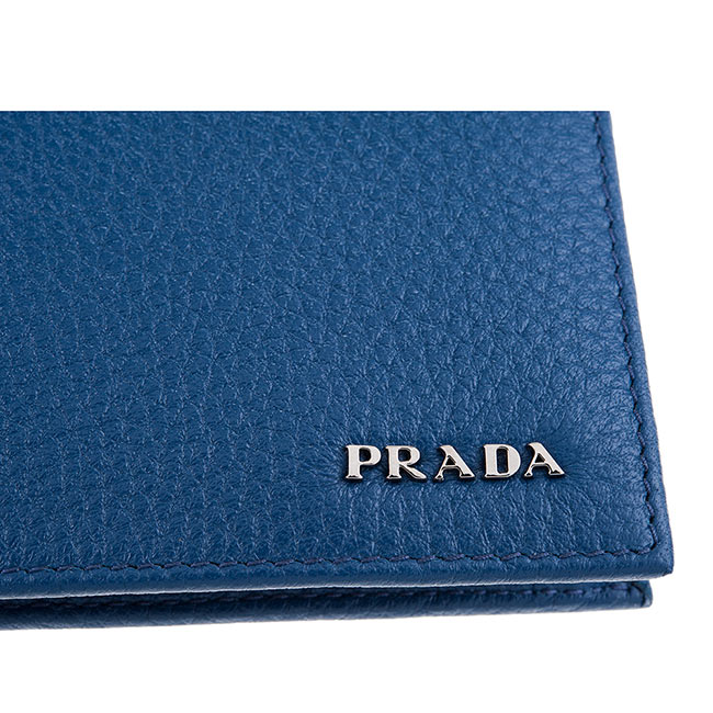 PRADA SAFFIANO METAL系列金屬LOGO荔枝牛皮對折零錢短夾 (藍色)