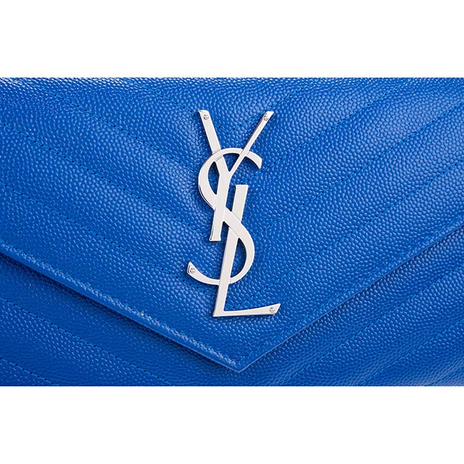 YSL MONOGRAM系列V字縫線魚子醬牛皮金釦手拿長夾(電光藍)