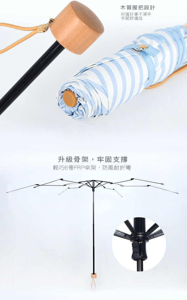 2mm 100%遮光 鐵塔條紋黑膠輕量手開傘 (藍白)