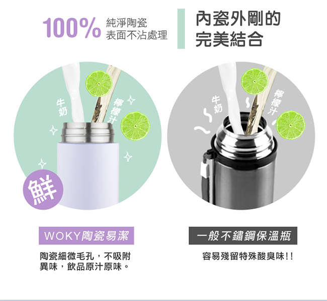 WOKY 沃廚One Touch陶瓷易潔304不鏽鋼彈蓋保溫瓶480ML(3色可選)