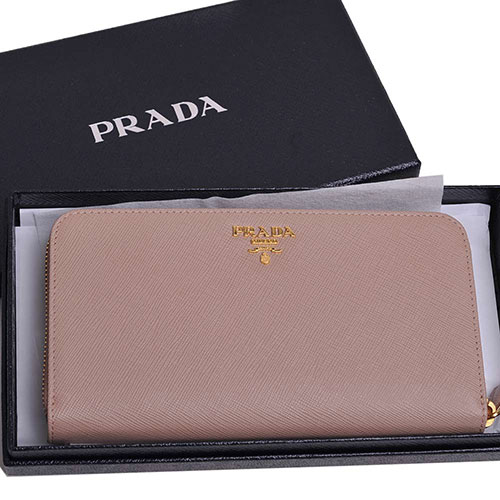 PRADA SAFFIANO METAL 金字logo拉鍊旅行長夾(粉系/加釦式卡夾層)