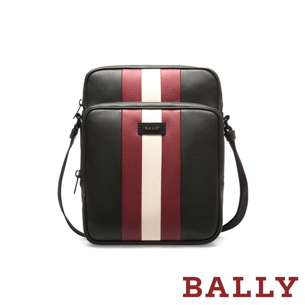 BALLY BLOMM 荔枝牛皮紅白條紋雙拉鍊斜背包 -黑