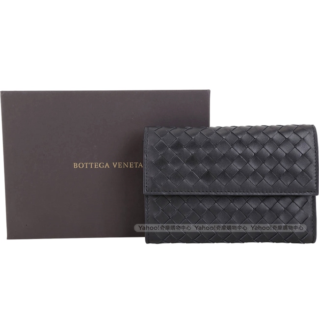 BOTTEGA VENETA 編織納帕皮革三折釦式中短夾(黑色)