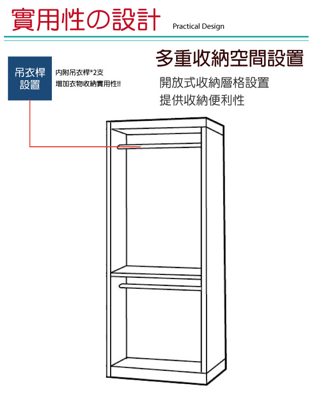 文創集 路華2.7尺雙色四門衣櫃/收納櫃(吊衣桿＋開放層格)-80x55x203cm免組