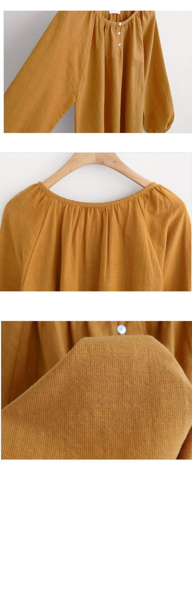 La Belleza圓領摺皺三釦燈籠袖素色棉麻襯衫L~4L