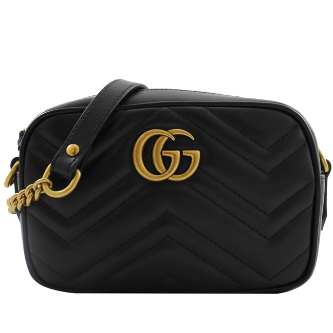 GUCCI Marmont縫線牛皮金屬GG LOGO斜背相機包(黑/18cm)