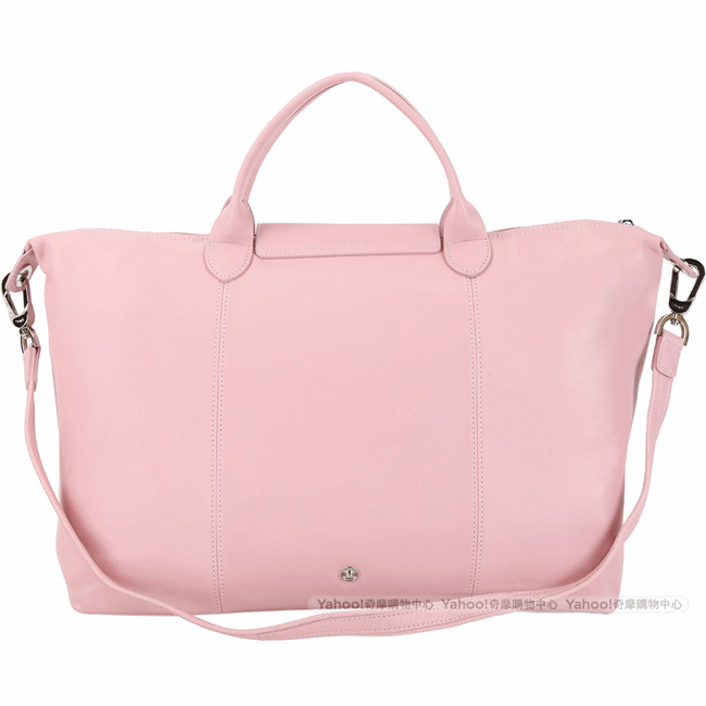 LONGCHAMP Le pliage Cuir 大型短提把羊皮摺疊手提肩背包(玫瑰粉)