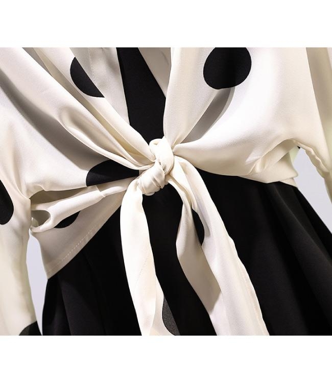 中大尺碼黑色大圓點綁帶雪紡罩衫加大擺裙背心裙套裝XL~4L-Ballet Dolly