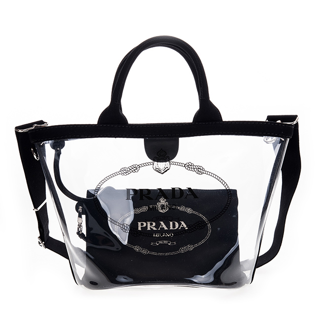 PRADA 透明PVC印字LOGO手提/肩背兩用水桶包附小袋 (小/黑色)