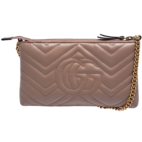 GUCCI Marmont mini絎縫紋牛皮金屬雙G LOGO肩/斜背包(迷你-裸色)