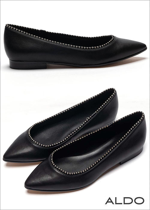 ALDO 原色真皮鞋墊綴金屬銀珠鞋緣尖頭粗跟鞋~尊爵黑色