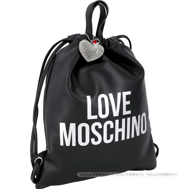 LOVE MOSCHINO 銀字附鑽心吊飾束口皮革後背包(黑色)