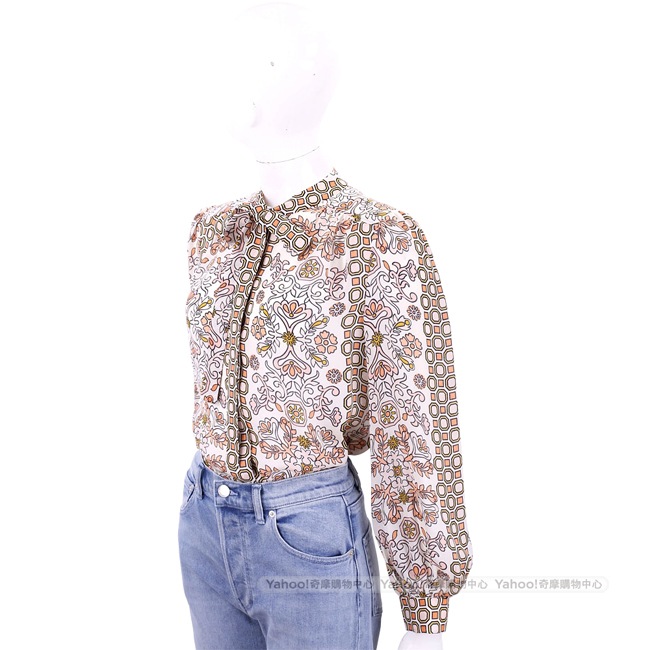 TORY BURCH Kia Bow 幾何花卉粉色綁帶雪紡襯衫