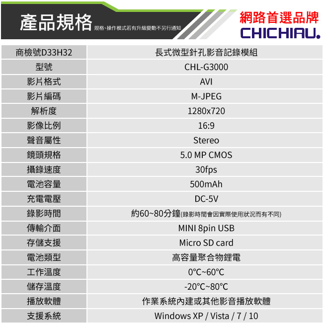 【CHICHIAU】HD 720P 時尚黑框無孔眼鏡造型微型針孔攝影機