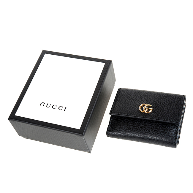 GUCCI 經典GG Marmont系列金屬LOGO牛皮暗釦三折短夾 (黑色)