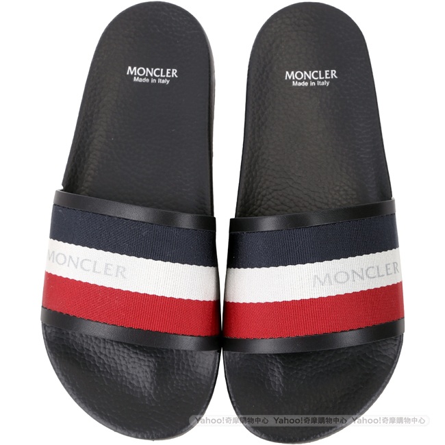 MONCLER New Basile 經典三色織帶男款皮革拖鞋(黑色)