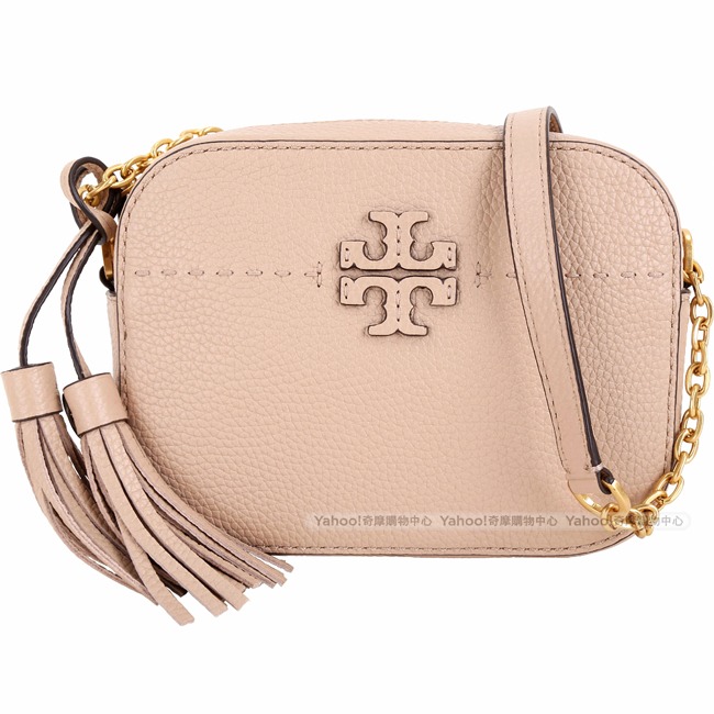 TORY BURCH McGraw 縫線設計流蘇牛皮鍊帶相機包(裸膚色)