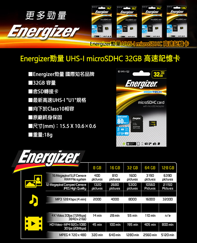 Energizer 勁量 32GB UHS-I microSDHC 高速記憶卡 (含轉卡)