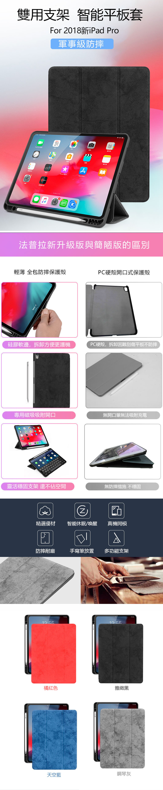 蘋果 2018新款 iPad Pro 11吋 商務帆布皮套 內置筆槽 保護套