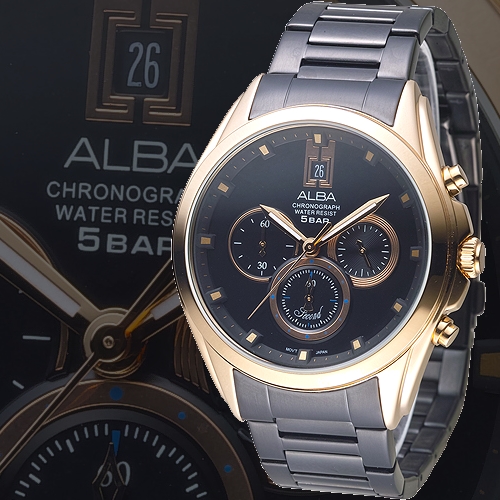 ALBA雅柏手錶 超越者三眼品味全月曆男錶-黑(AZ8003X1)/43mm 保固二年