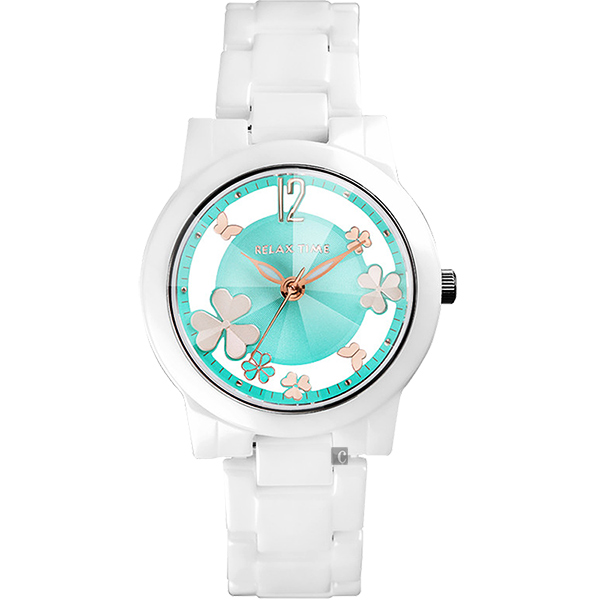 RELAX TIME Garden系列幸運草鏤空陶瓷錶-白x湖水綠(RT-80-7)
