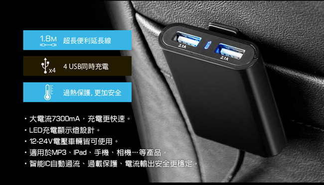 KINYO 背夾式USB 4孔車用充電器CU59