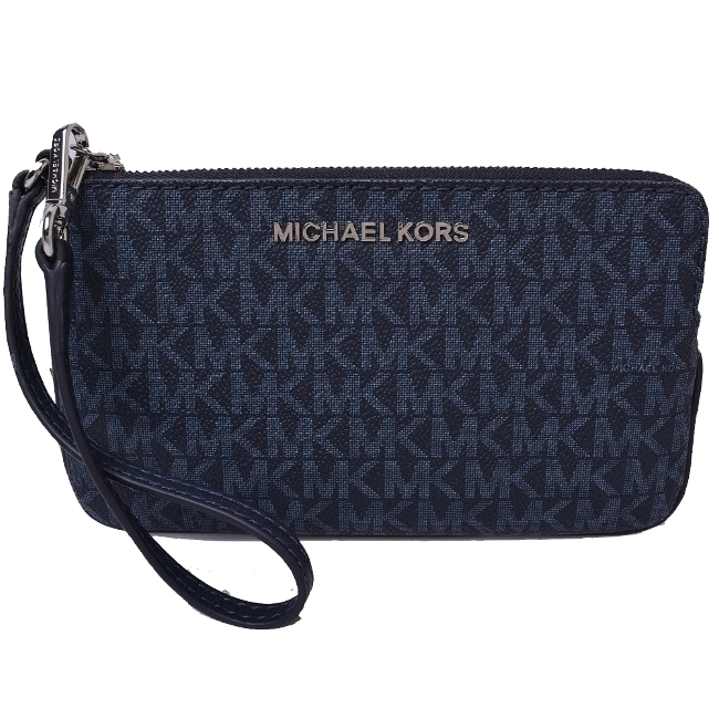 MICHAEL KORS 銀字LOGO防刮皮革滿版大款手拿包-海軍藍