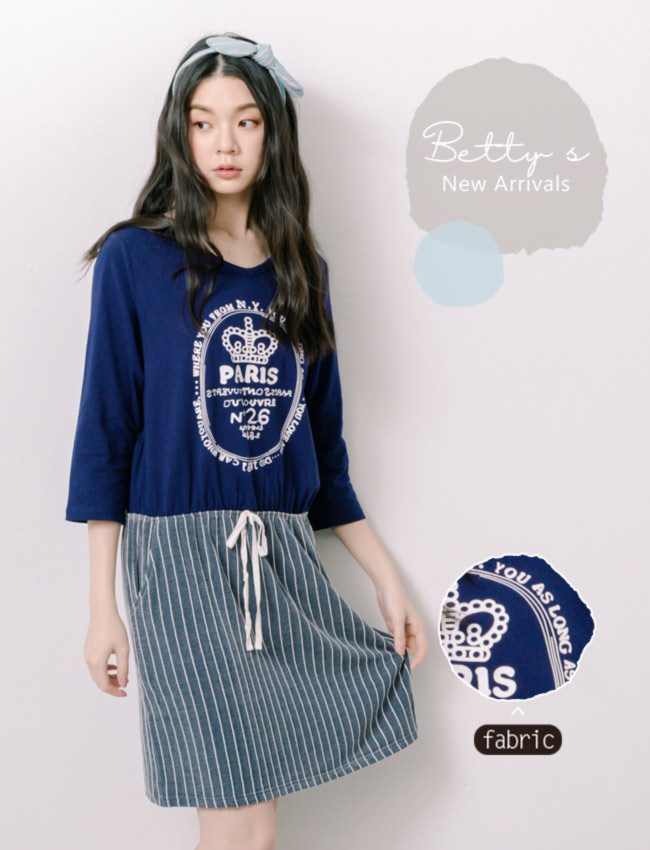 betty’s貝蒂思　前印花拼接條紋七分袖洋裝(深藍)