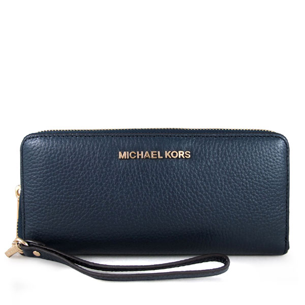 MICHAEL KORS JET SET TRAVEL金字Logo全皮革拉鍊長夾(海軍藍)