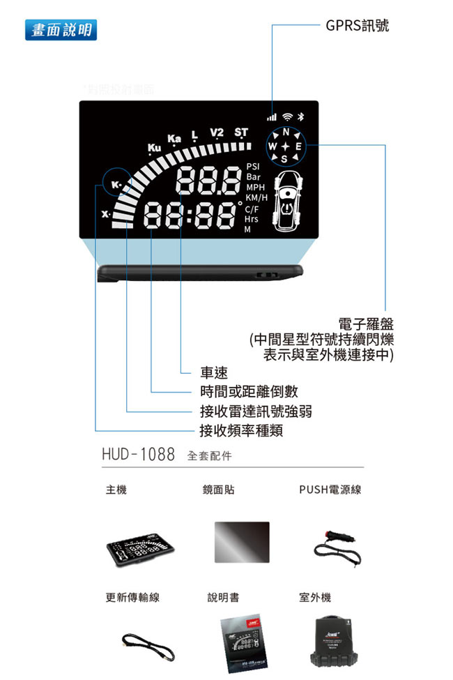 征服者 HUD-1088抬頭顯示安全警示器