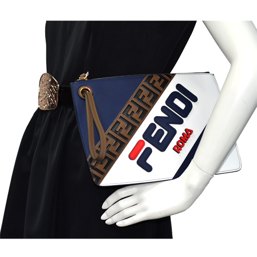 FENDI MANIA系列品牌LOGO牛皮拉鍊手拿包(中-藍X紅)