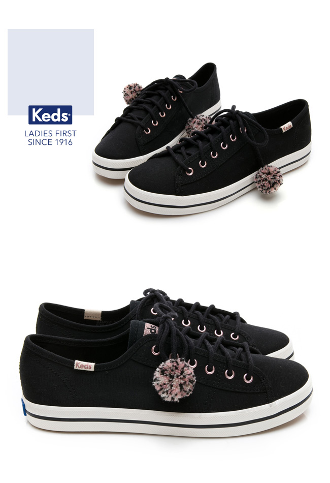 Keds KICKSTART 毛球裝飾綁帶休閒鞋-黑色