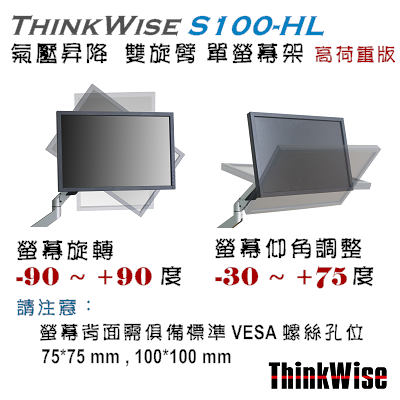 ThinkWise S100-HL 單螢幕 高荷重 氣壓升降支架