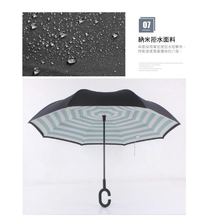 【生活良品】C型雙層海軍紋自動反向直立晴雨傘-條紋款深藍藏青色(外層黑+內層條紋深藍色)