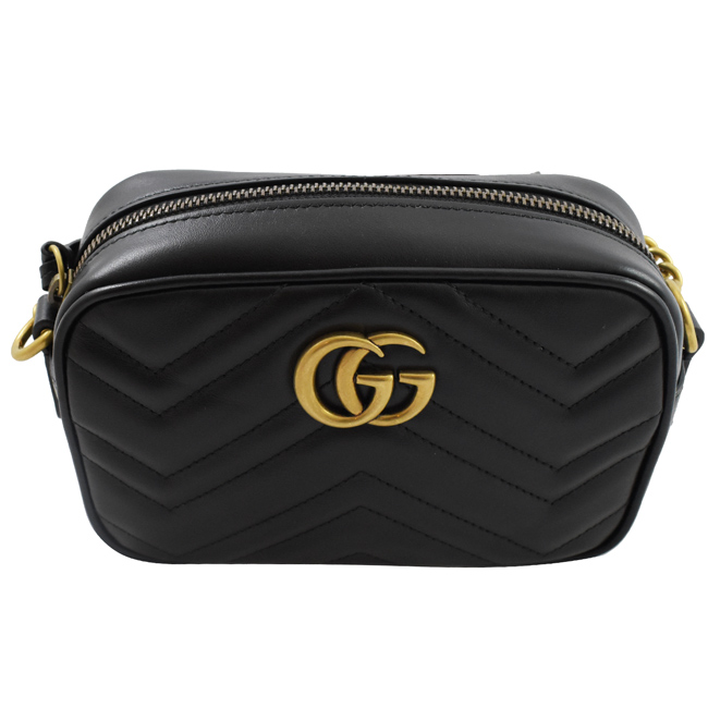 GUCCI Marmont縫線牛皮金屬GG LOGO斜背相機包(黑/18cm)