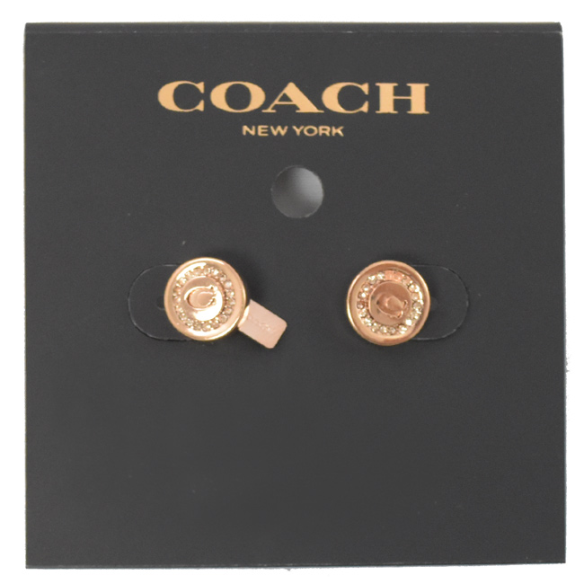 COACH C字LOGO圓型小水鑽LOGO耳環(玫瑰金色)