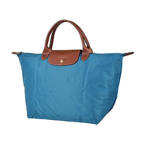 LONGCHAMP LE PLIAGE壓印LOGO短提把尼龍摺疊拉鍊手提包(中/孔雀藍)