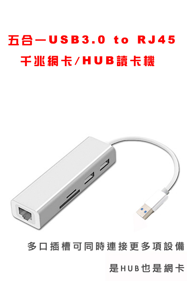 MAX+五合一USB3.0 to RJ45千兆網卡 / HUB讀卡機(銀)