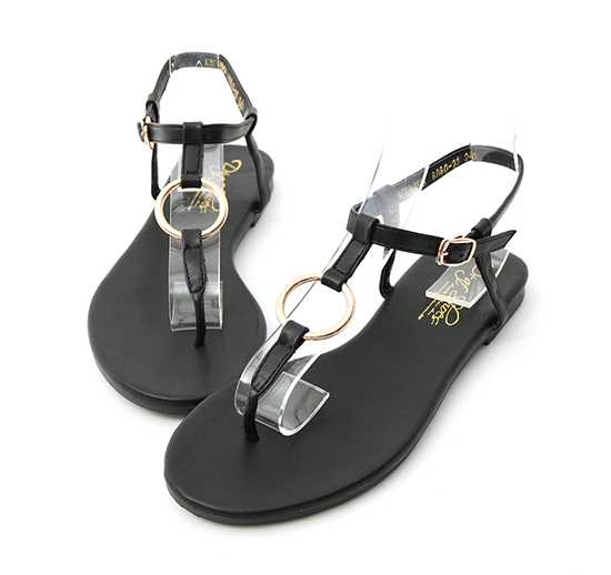 D AF 人氣聚焦．金色圓環T字夾腳涼鞋＊黑