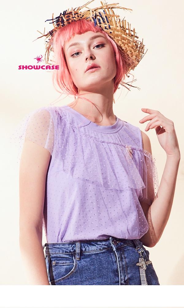 【SHOWCASE】點點網紗單肩無袖T恤(紫)