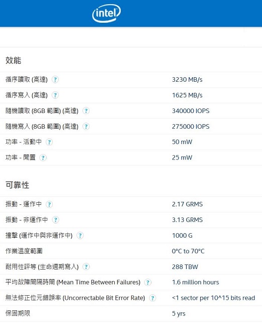 Intel 英特爾 760p 512GB M.2 2280 PCIe固態硬碟(10盒入裝)