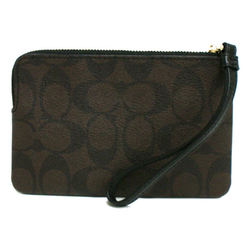 COACH 經典C LOGO直紋PVC皮革手拿包零錢包(深咖)