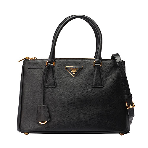 PRADA Saffiano Lux經典三角浮雕LOGO防刮牛皮雙拉鍊手提/斜背包-中-黑